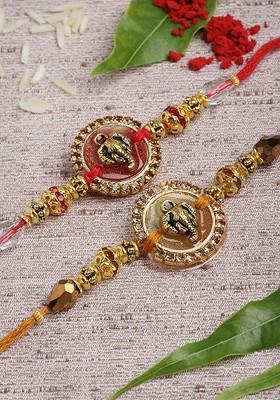 Men Set Of 2 Gold Toned Stone And Beads Studded Rakhi With Roli Chawal