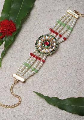 Green And Gold Toned Kundan Beaded Rakhi