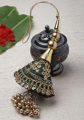 Green And Gold Toned Beaded Lumba Rakhi With Roli Chawal
