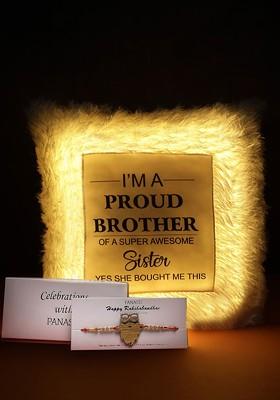 Gold Toned Fancy Rakhi With Led Pillow Gift Set