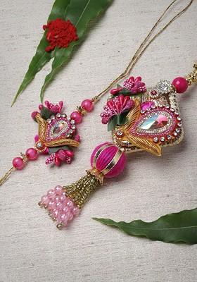Unisex Pink Coloured And White Stone Studded And Beaded Rakhi With Lumba