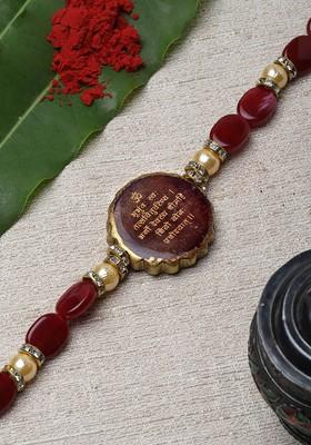 Men Brown Gayatri Mantra Studded Handcrafted Rakhi With Roli Chawal