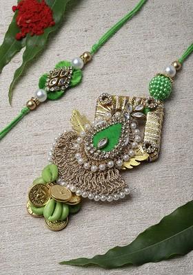 Pack Of 2 Gold Toned Bhaiya Bhabi Rakhi With Roli Chawal