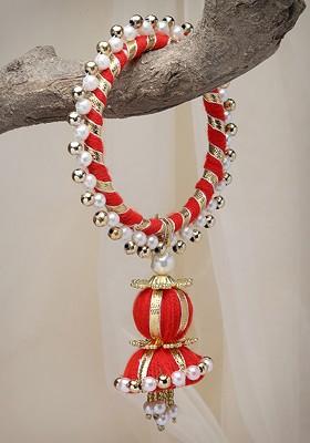 Gold Toned And Red Pearls Beaded Bangle Style Lumba Rakhi