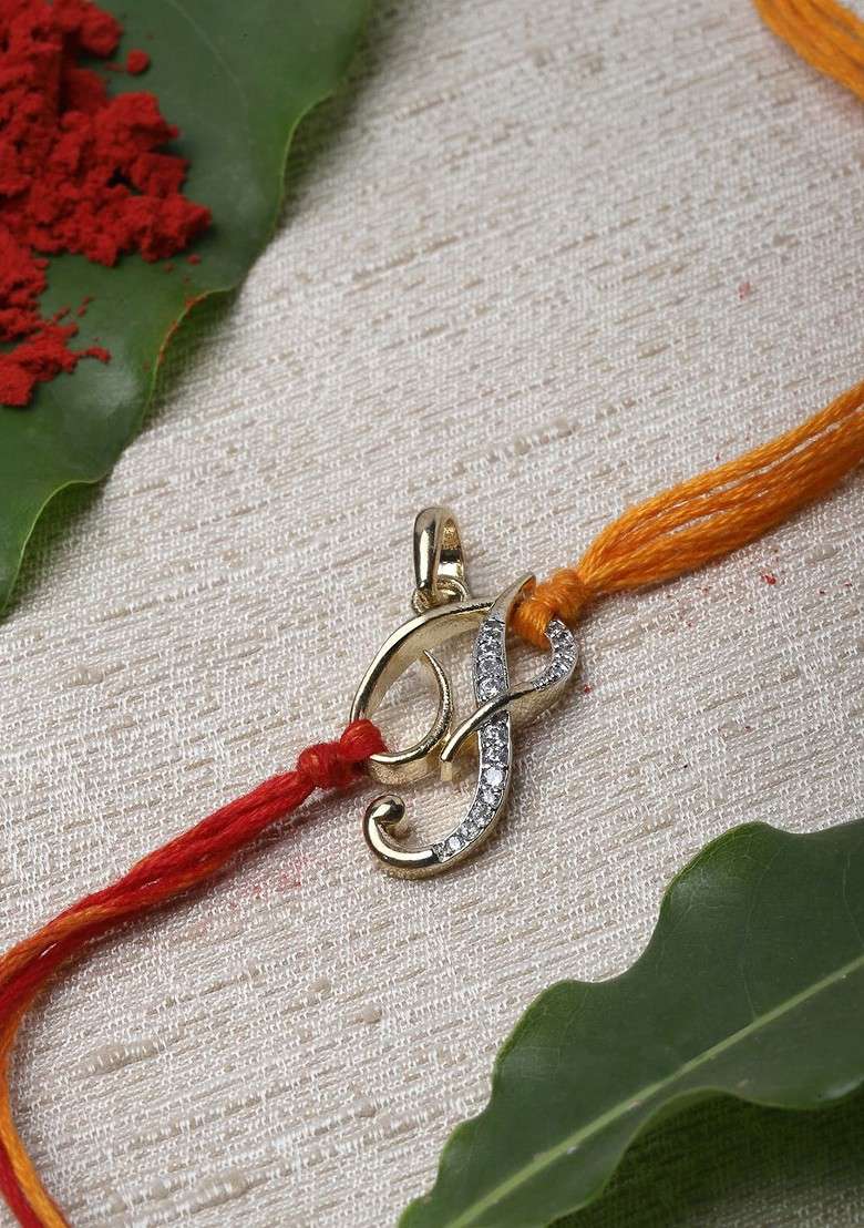 P Alphabat Gold Plated White And Red Ad Studded Convertible Pendant Rakhi - Indya