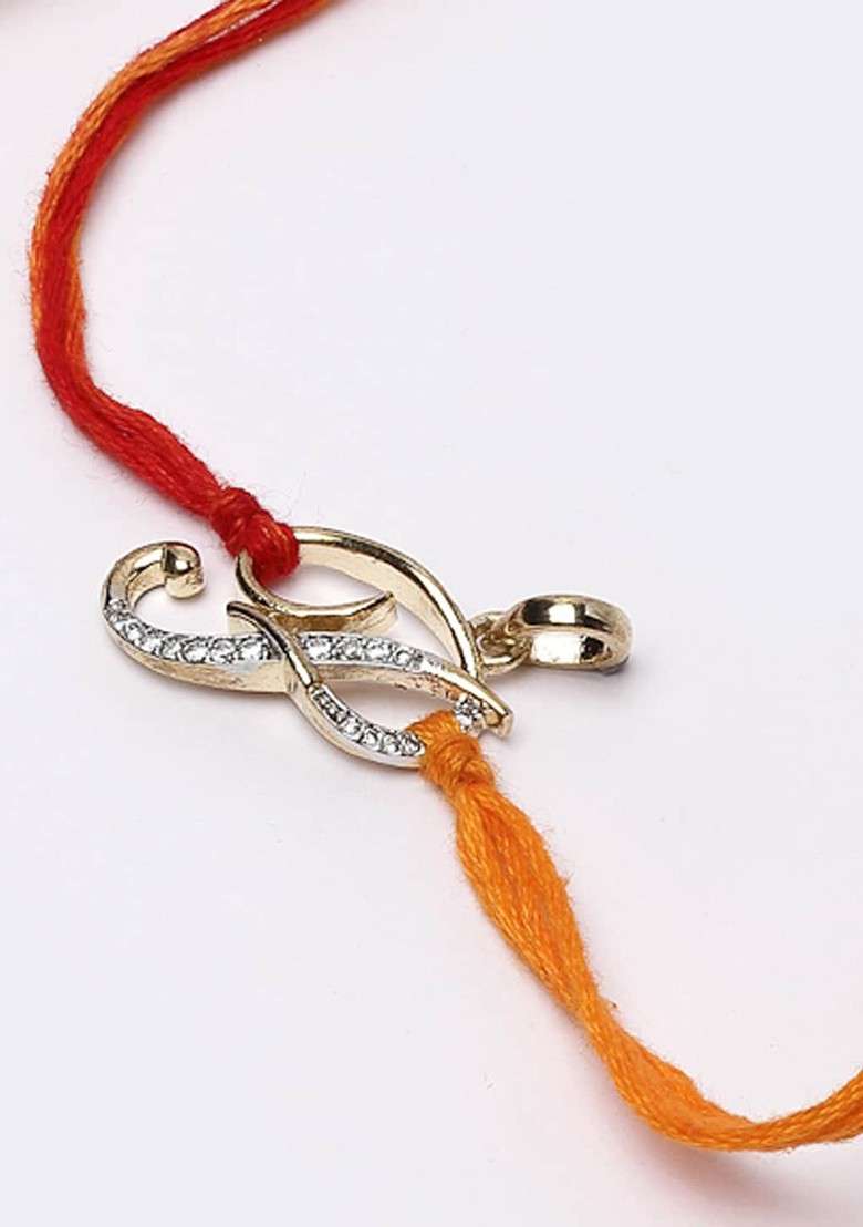 P Alphabat Gold Plated White And Red Ad Studded Convertible Pendant Rakhi - Indya