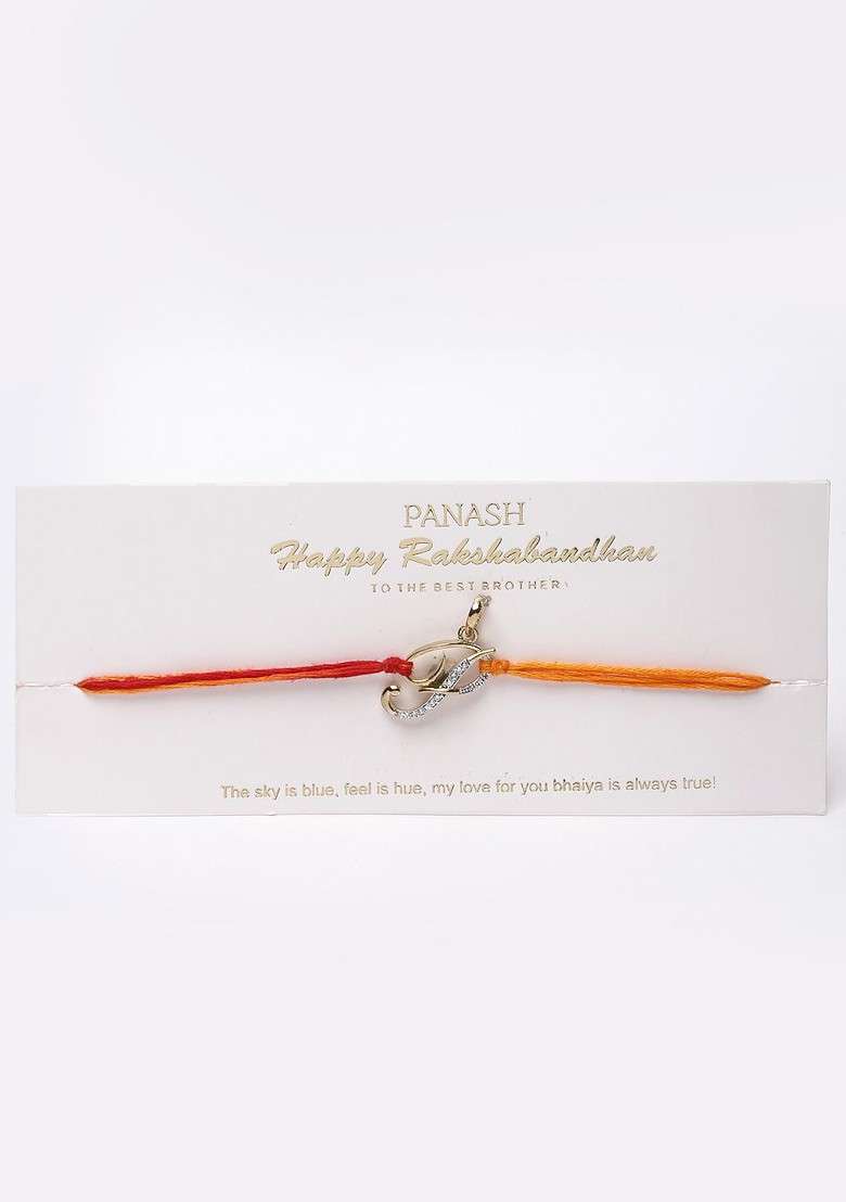 P Alphabat Gold Plated White And Red Ad Studded Convertible Pendant Rakhi - Indya