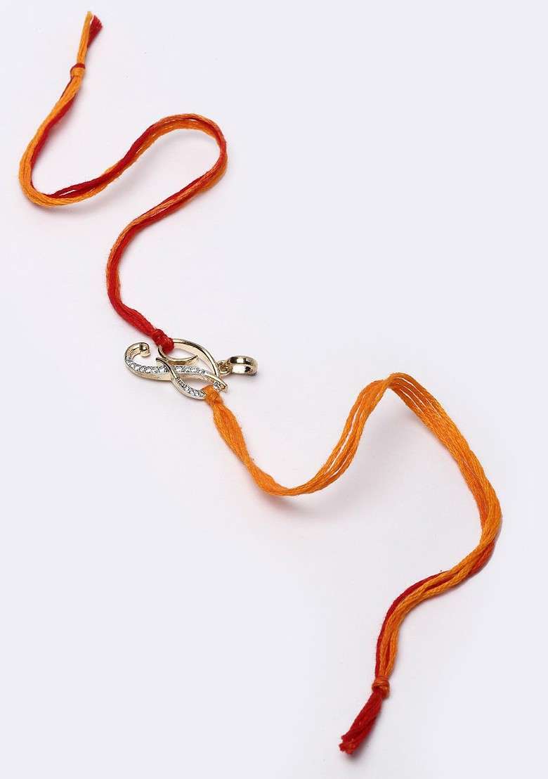 P Alphabat Gold Plated White And Red Ad Studded Convertible Pendant Rakhi - Indya