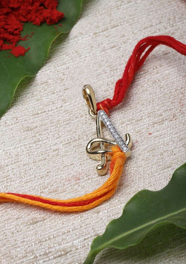 Gold Plated Red And White Ad Studded Alphabet A Beaded Convertible Pendant Rakhi - Indya