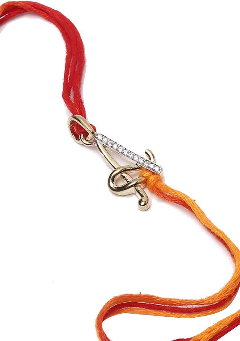 Gold Plated Red And White Ad Studded Alphabet A Beaded Convertible Pendant Rakhi - Indya