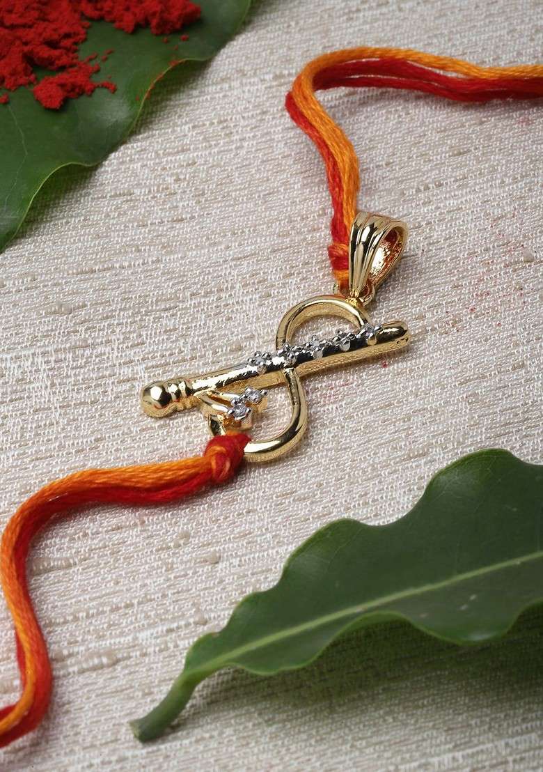 Men Gold Plated Ad Studded S Alphabet Krishna Murli Convertible Pendant Rakhi - Indya