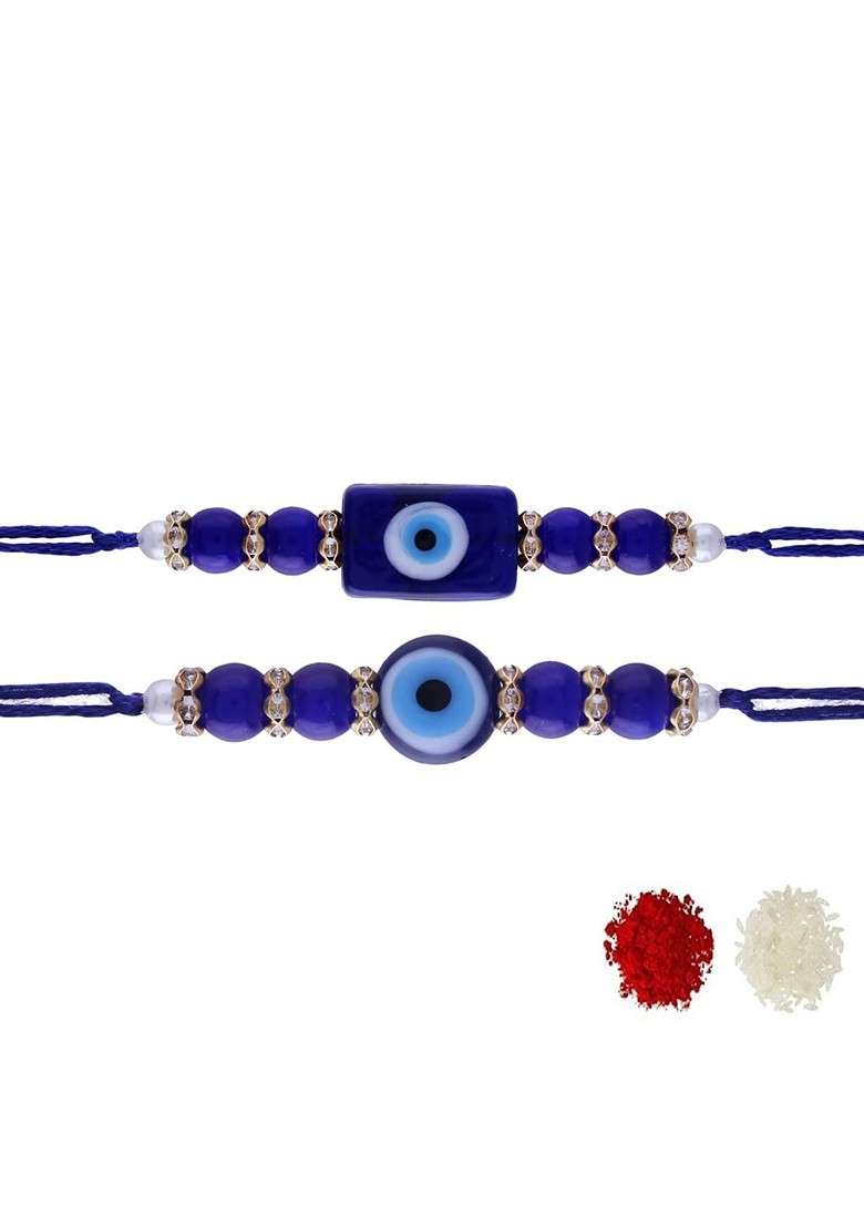 Set Of 2 Blue Pearl Beaded Evil Eye Rakhi With Roli Chawal - Indya