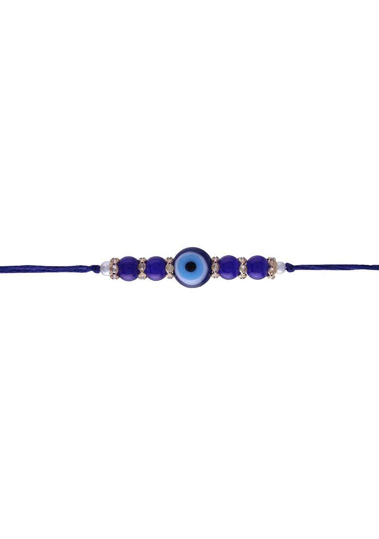 Set Of 2 Blue Pearl Beaded Evil Eye Rakhi With Roli Chawal - Indya