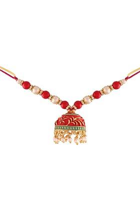 Red Gold Plated Hanging Pearl Kundan Meenakari Bhabhi Rakhi