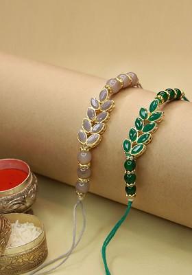 Set Of 2 Gold Plated Grey And Green Pearl Beaded Bracelet Rakhi With Roli Chawal
