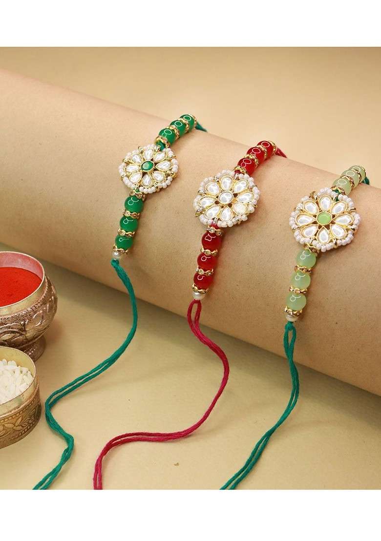 Set Of 3 Pearl And Beads Studded Rakhi - Indya