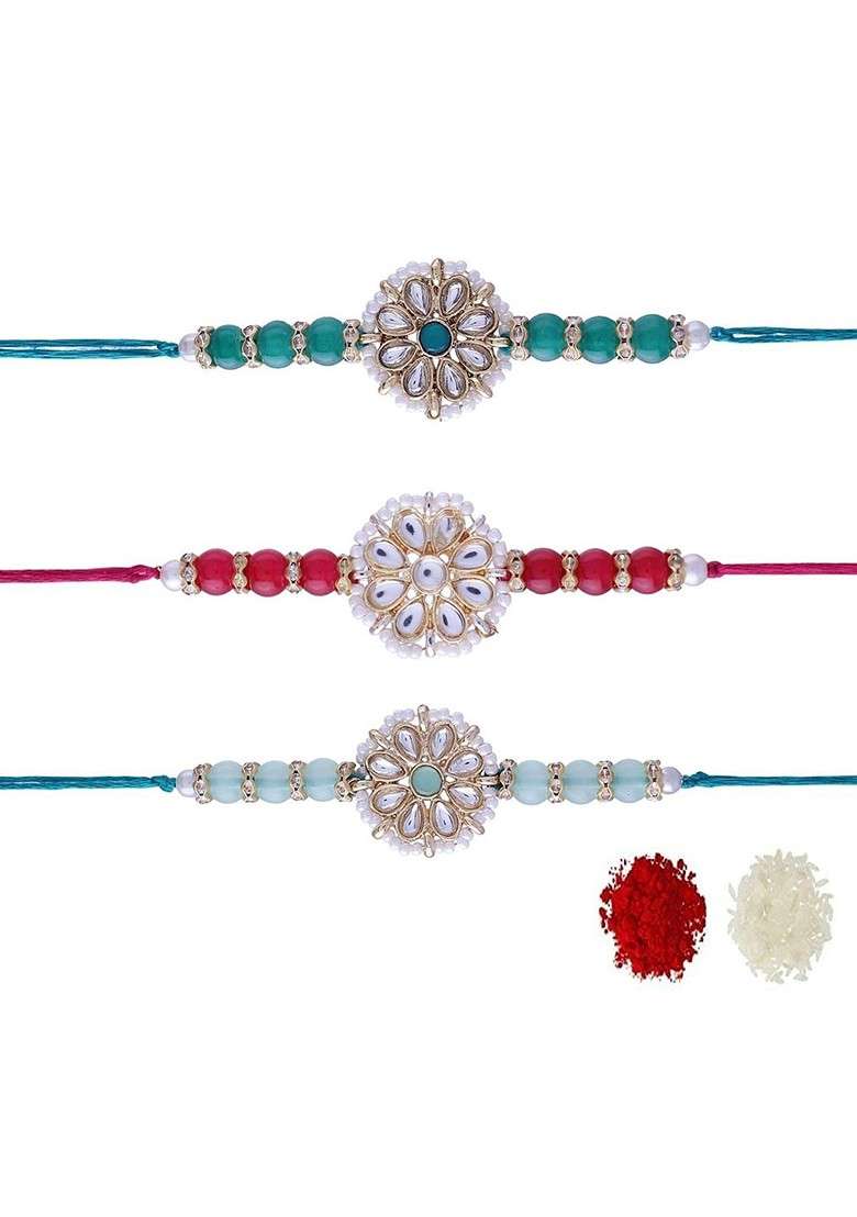 Set Of 3 Pearl And Beads Studded Rakhi - Indya