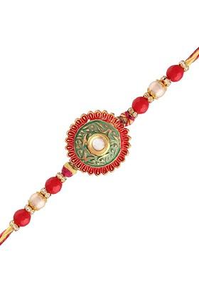 Men Gold Plated Ethnic Designer Pearl Rakhi Bracelet