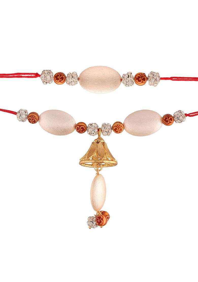White And Red Pearl Studded Bhaiya Bhabhi Hanging Lumba Rakhi - Indya