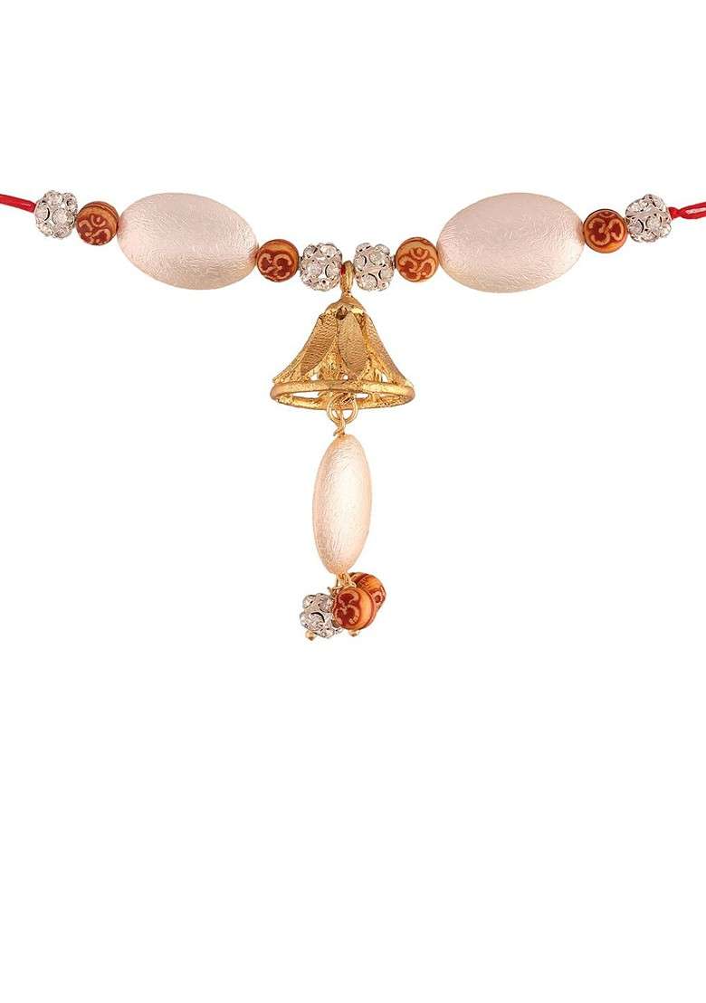 White And Red Pearl Studded Bhaiya Bhabhi Hanging Lumba Rakhi - Indya
