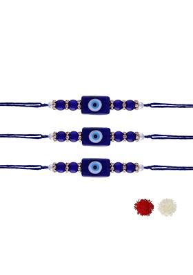 Set Of 3 Blue Pearl Beaded Rakhi With Roli Chawal