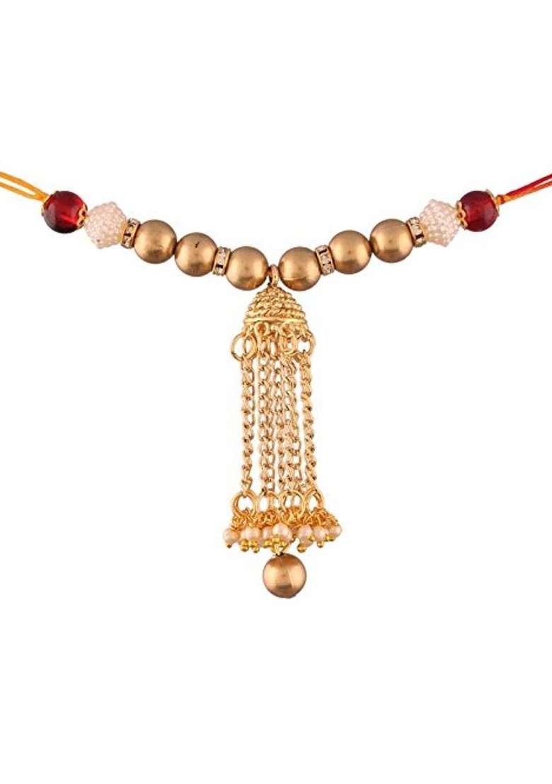 Gold Plated Red Jhumki Style Lumba Rakhi For Bhabhi - Indya