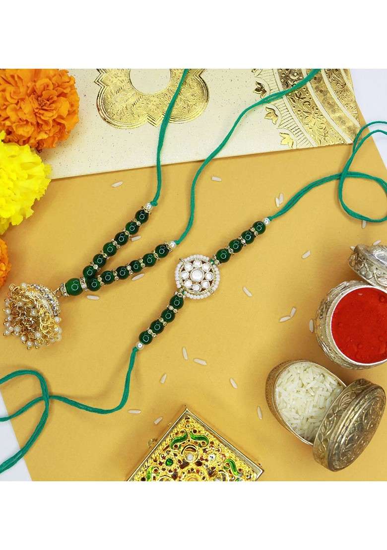 Green Set Of 2 Pearl Hanging Bhaiya Bhabhi Rakhi - Indya