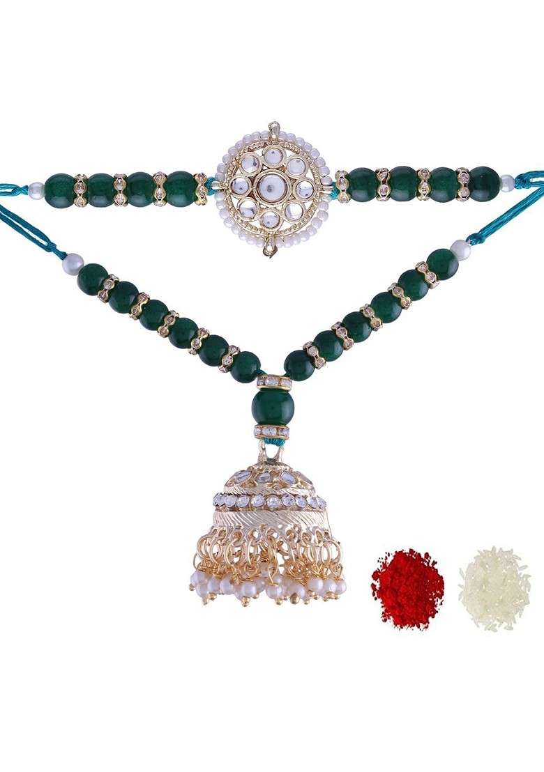 Green Set Of 2 Pearl Hanging Bhaiya Bhabhi Rakhi - Indya