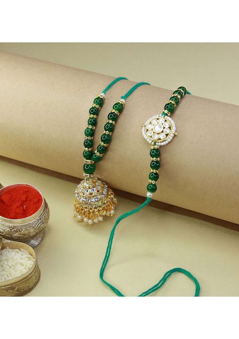 Green Set Of 2 Pearl Hanging Bhaiya Bhabhi Rakhi - Indya