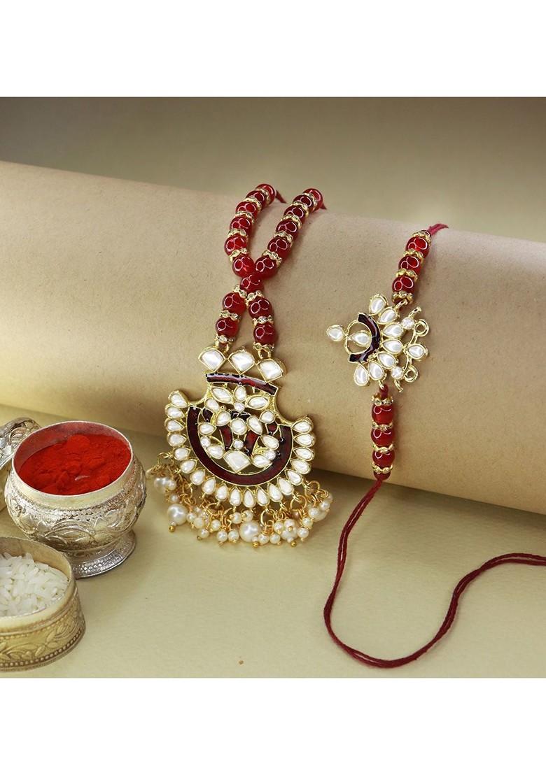 Maroon Pearl Floral Lumba Bhabhi Rakhi - Indya