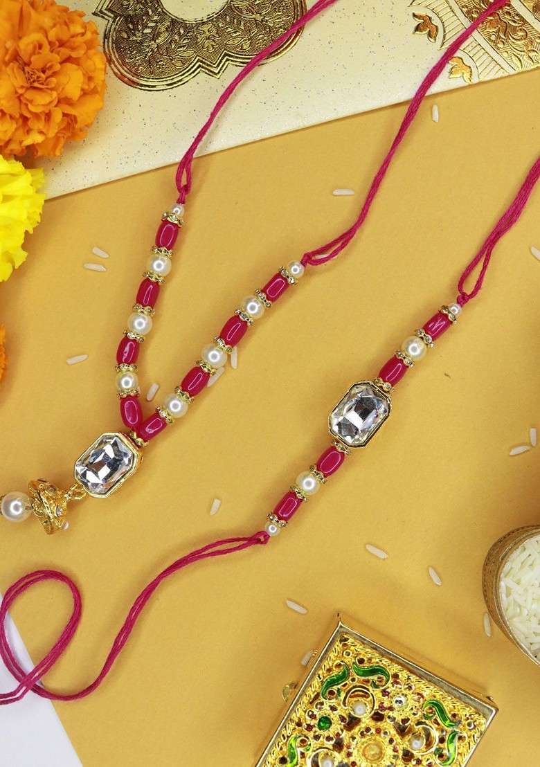 Pack Of 2 Red Designer Hanging Floral Lumba And Rakhi - Indya