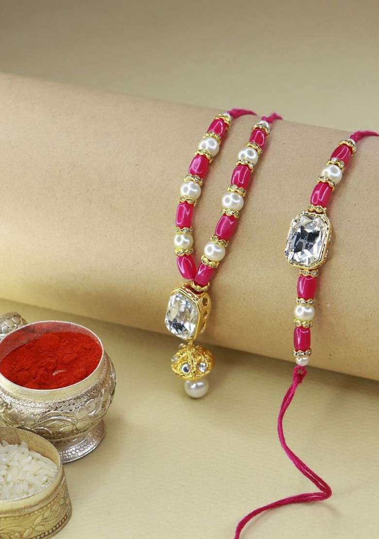 Pack Of 2 Red Designer Hanging Floral Lumba And Rakhi - Indya