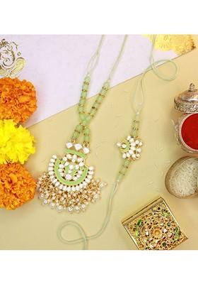 Set Of 2 Green And Gold Toned Stone Studded Lumba And Rakhi