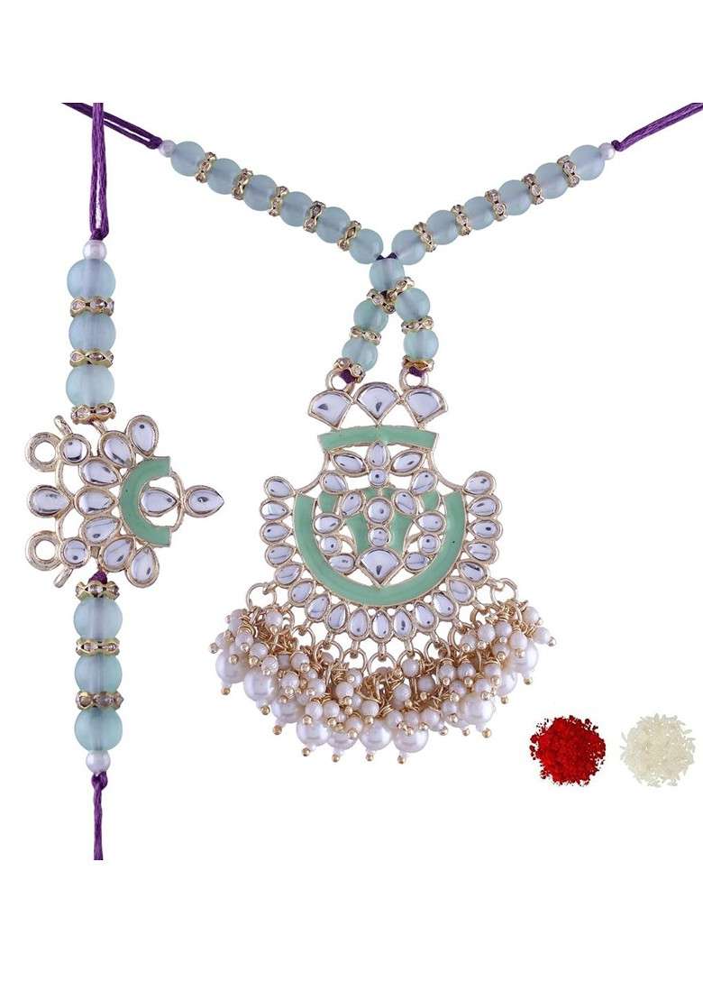 Set Of 2 Green And Gold Toned Stone Studded Lumba And Rakhi - Indya