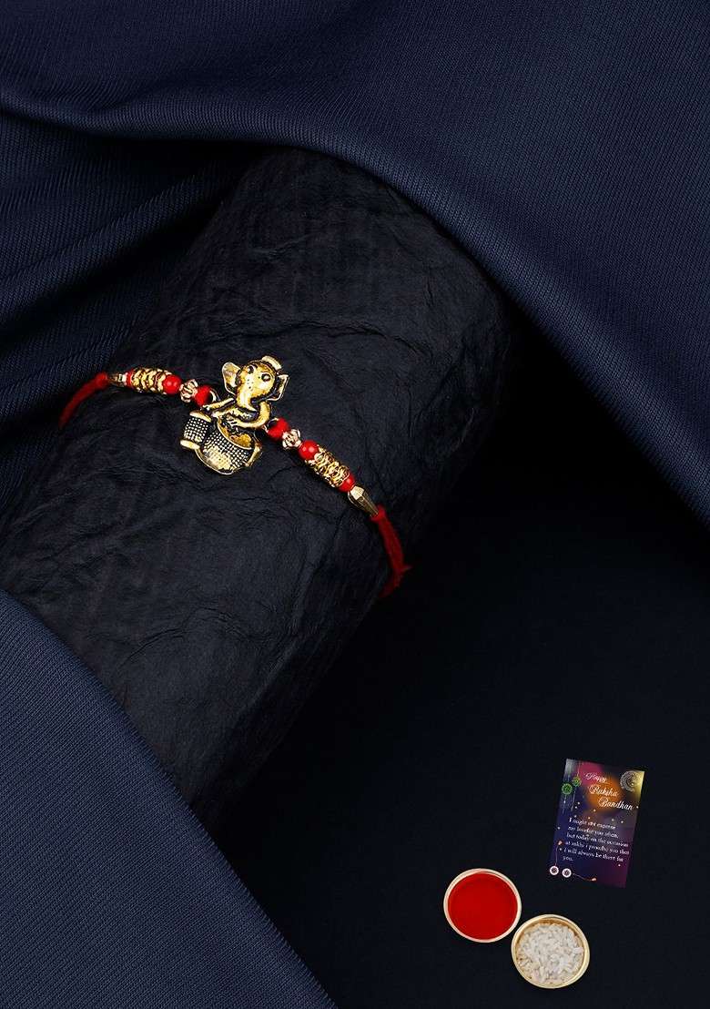 Red And Gold Toned 1 Rakhi With Roli Chawal Greeting Card - Indya