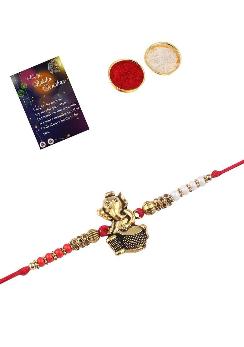 Red And Gold Toned 1 Rakhi With Roli Chawal Greeting Card - Indya