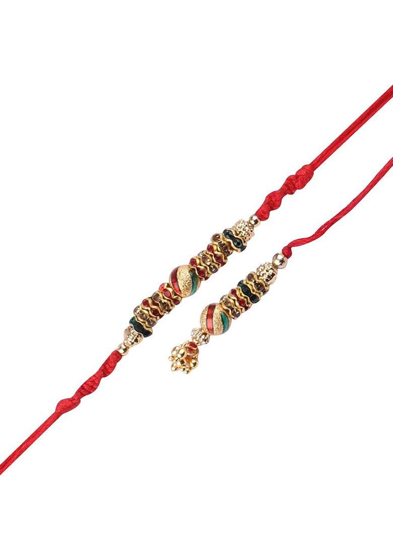 Red And Gold Coloured 1 Rakhi With Roli Chawal Greeting Card - Indya