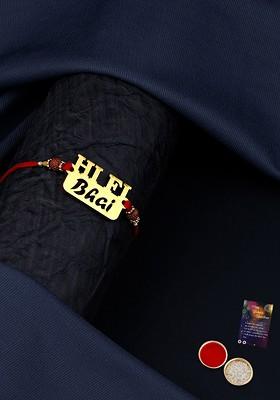 Red And Gold Toned Rakhi With Roli Chawal And Greeting Card Set