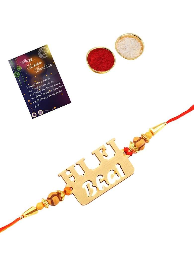 Red And Gold Toned Rakhi With Roli Chawal And Greeting Card Set - Indya