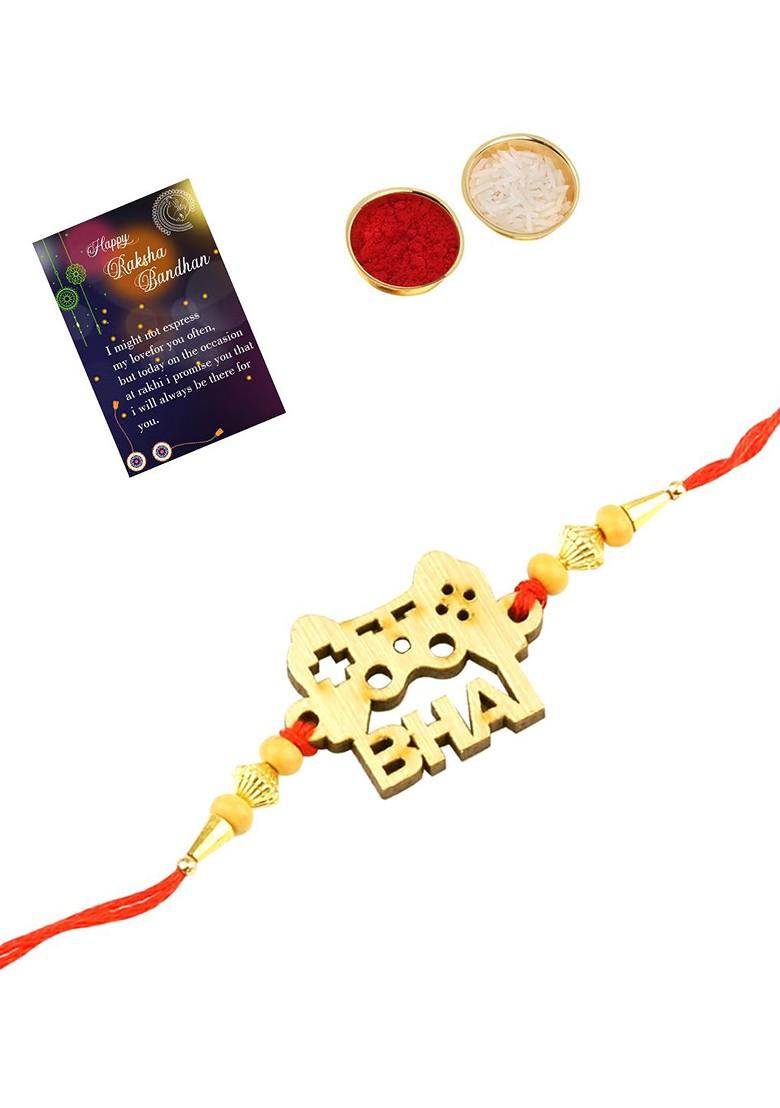 Gold Toned Rakhi With Greeting Card - Indya