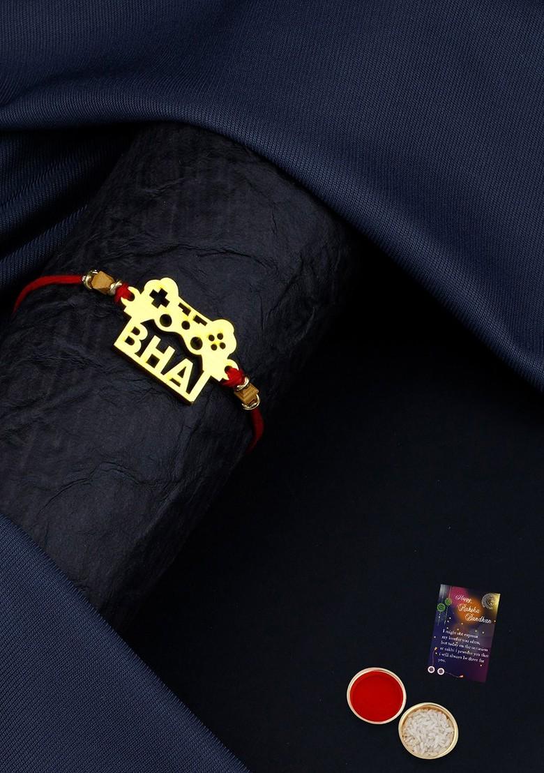 Gold Toned Rakhi With Greeting Card - Indya