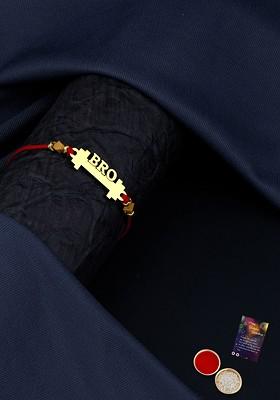 Red And Gold Toned 1 Rakhi With Roli Chawal Greeting Card