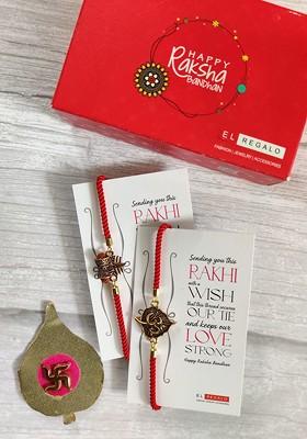 Bhaiya Bhabhi Red Gold Toned Set Of 2 Rakhi With Roli Chawal Card