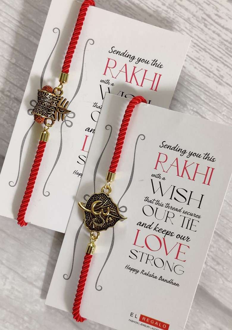 Bhaiya Bhabhi Red Gold Toned Set Of 2 Rakhi With Roli Chawal Card - Indya