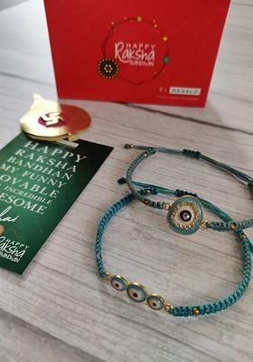 Bhaiya Bhabhi Pack Of 2 Turquoise Blue Evil Eye Beaded Wraparound Rakhi