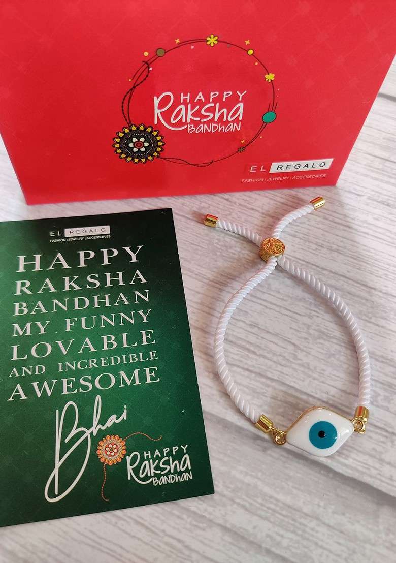 El Reglao Men White And Gold Toned Evil Eye Studded Rakhi - Indya