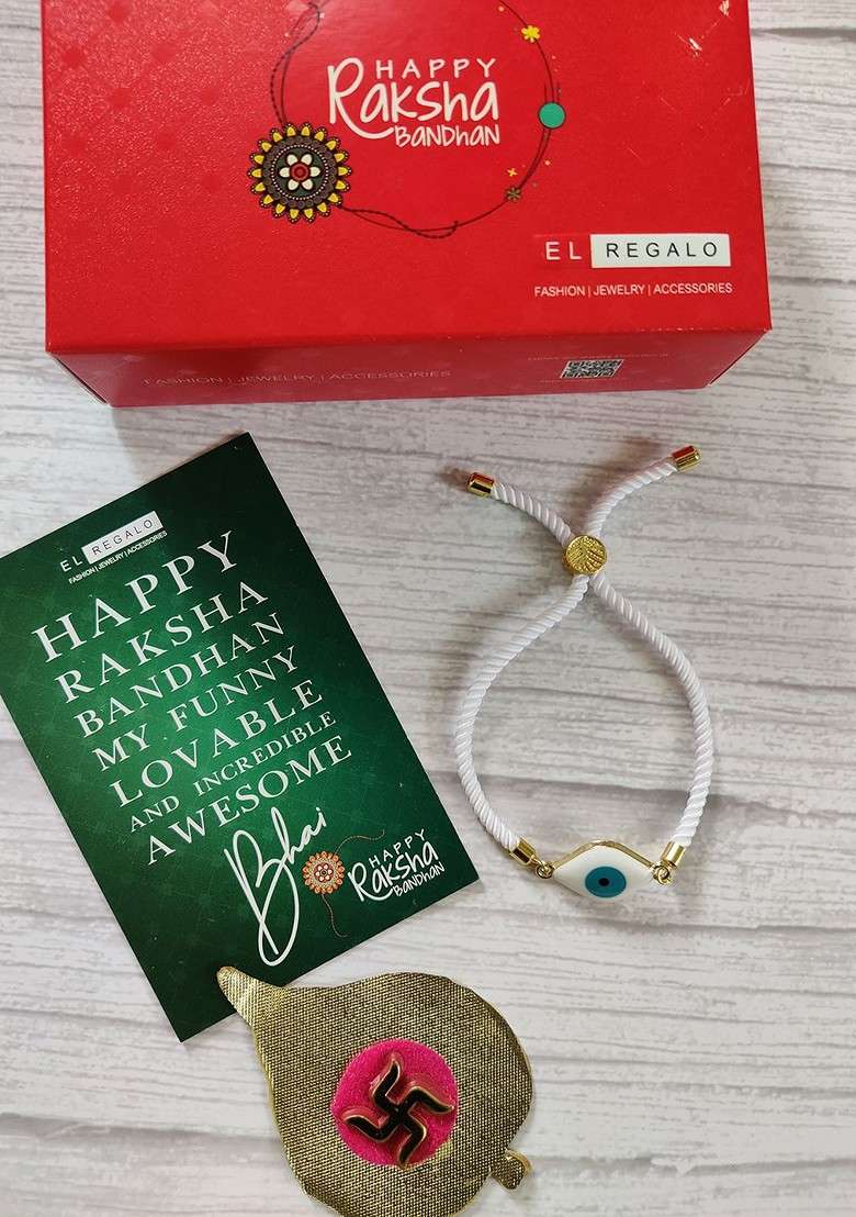 El Reglao Men White And Gold Toned Evil Eye Studded Rakhi - Indya