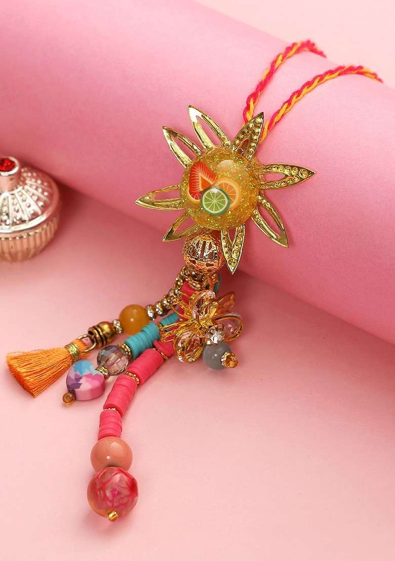 Women Pink And Yellow Beaded Star Lumba Rakhi - Indya