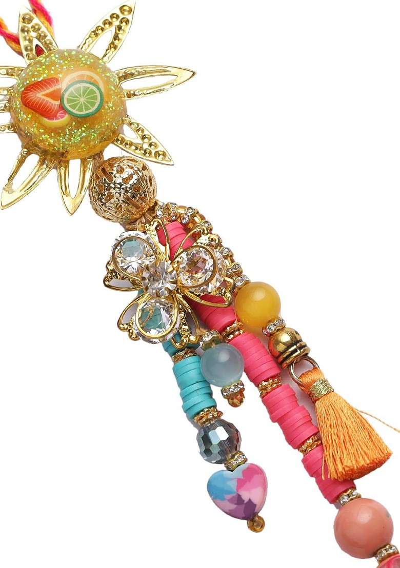 Women Pink And Yellow Beaded Star Lumba Rakhi - Indya