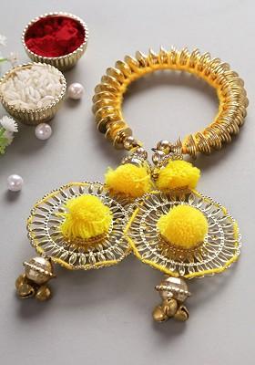 Women Yellow And Gold Toned Beaded Lumba Rakhi With Roli Chawal And Card